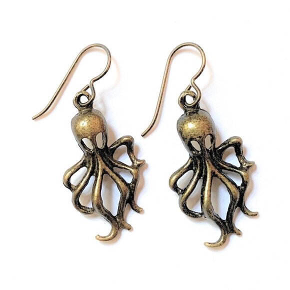 Octopus Earrings Gold Hypoallergenic Niobium Wires Handmade in USA - Picture 4 of 5